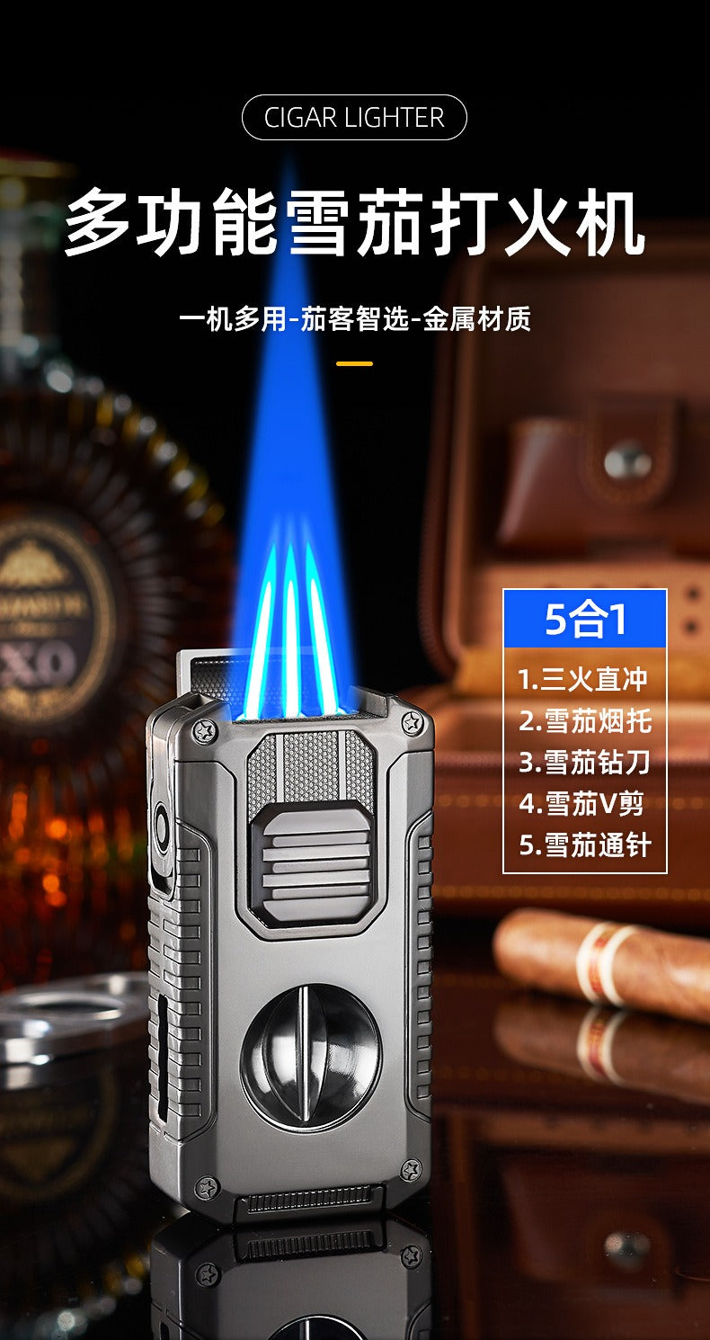 5-in-1 Triple Jet Cigar Lighter with V-Cutter Punch and Draw Tool
