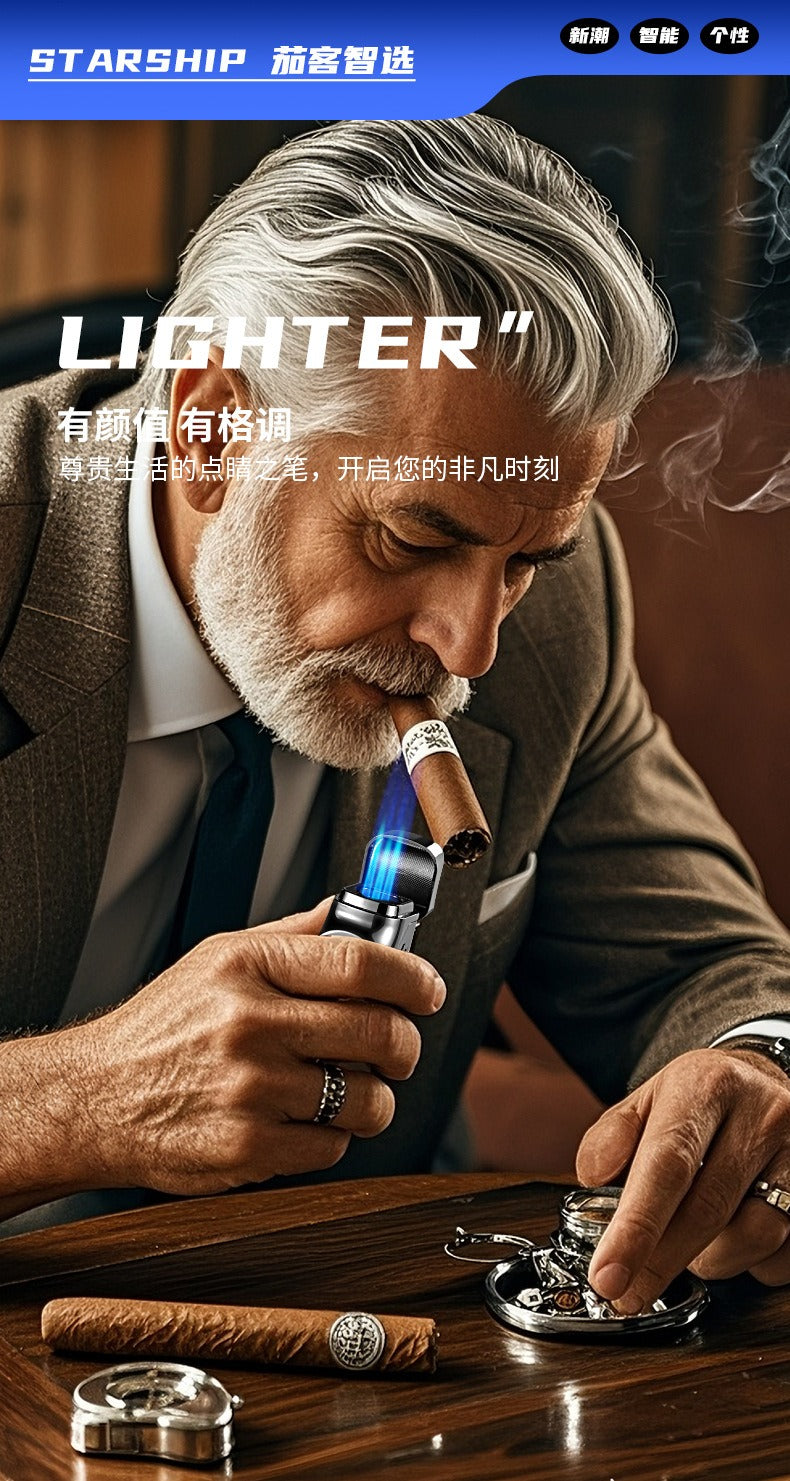 Windproof Triple Jet Cigar Lighter with LED Display and Cigar Punch