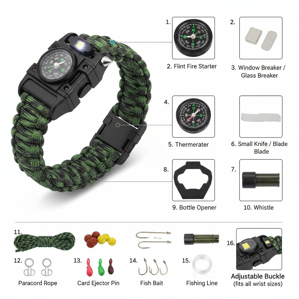 15-in-1 Outdoor Survival Paracord Bracelet