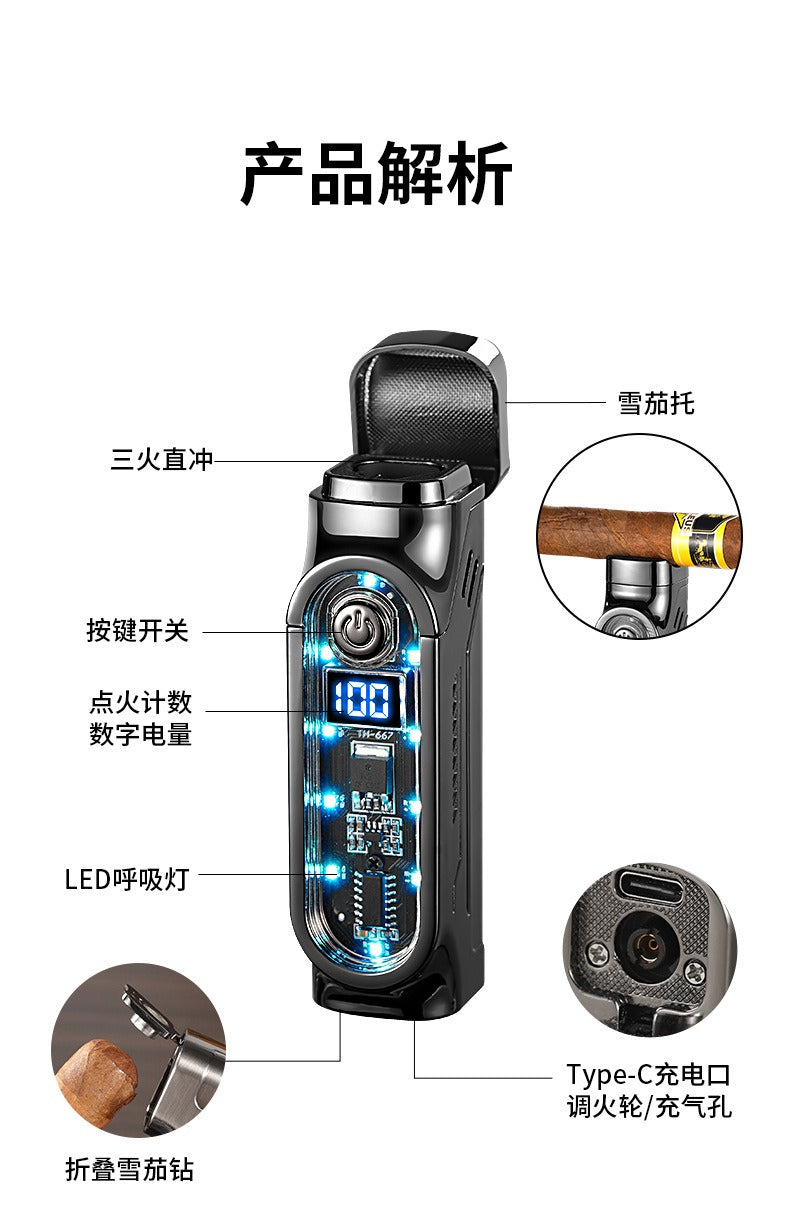 Windproof Triple Jet Cigar Lighter with LED Display and Cigar Punch