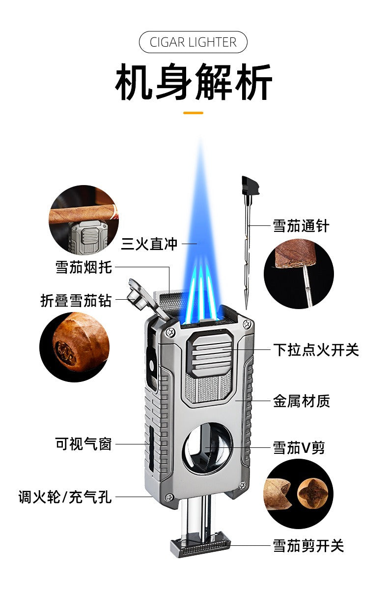 5-in-1 Triple Jet Cigar Lighter with V-Cutter Punch and Draw Tool