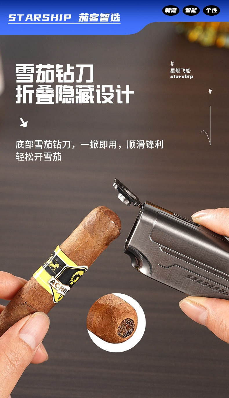 Windproof Triple Jet Cigar Lighter with LED Display and Cigar Punch