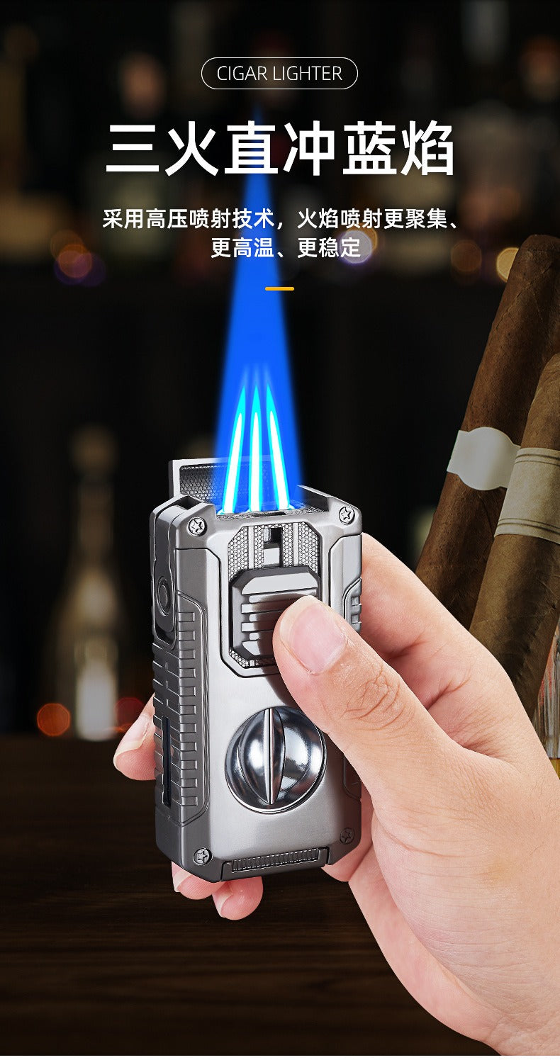 5-in-1 Triple Jet Cigar Lighter with V-Cutter Punch and Draw Tool