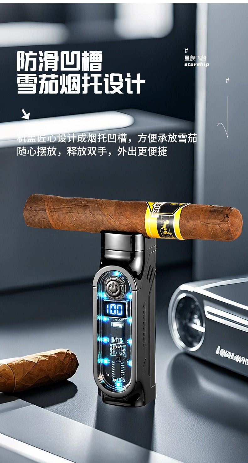 Windproof Triple Jet Cigar Lighter with LED Display and Cigar Punch