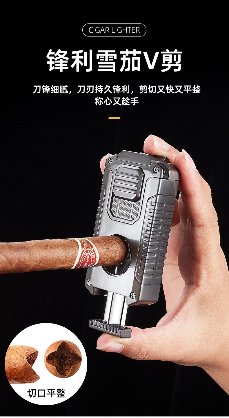 5-in-1 Triple Jet Cigar Lighter with V-Cutter Punch and Draw Tool