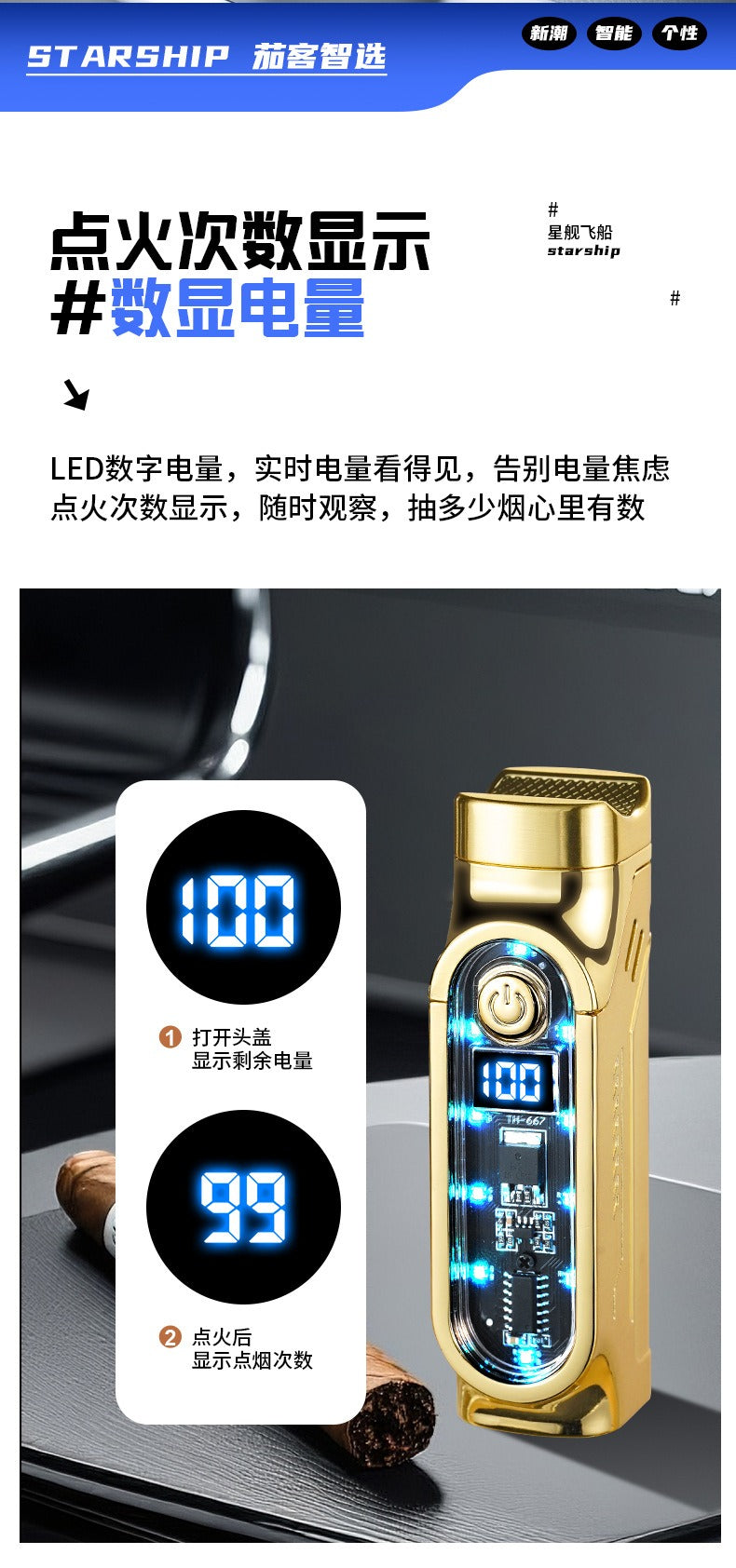 Windproof Triple Jet Cigar Lighter with LED Display and Cigar Punch