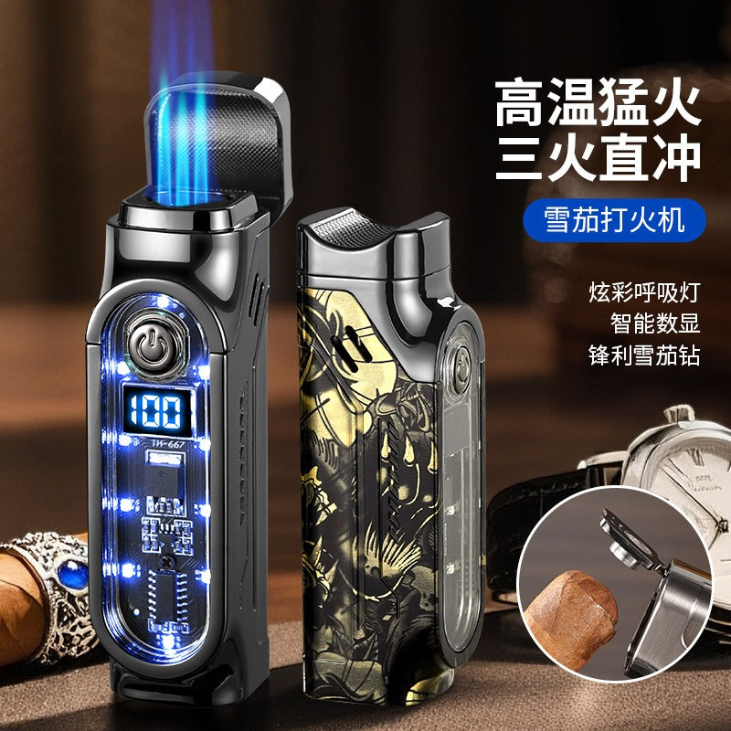 Windproof Triple Jet Cigar Lighter with LED Display and Cigar Punch