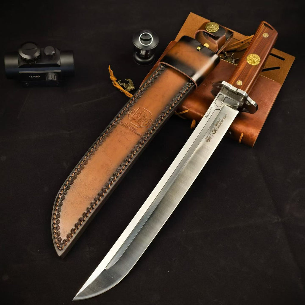 19'' New Fix Knife AUS-10 Stell Blade Sandalwood Handle Camping  Hunting Knife