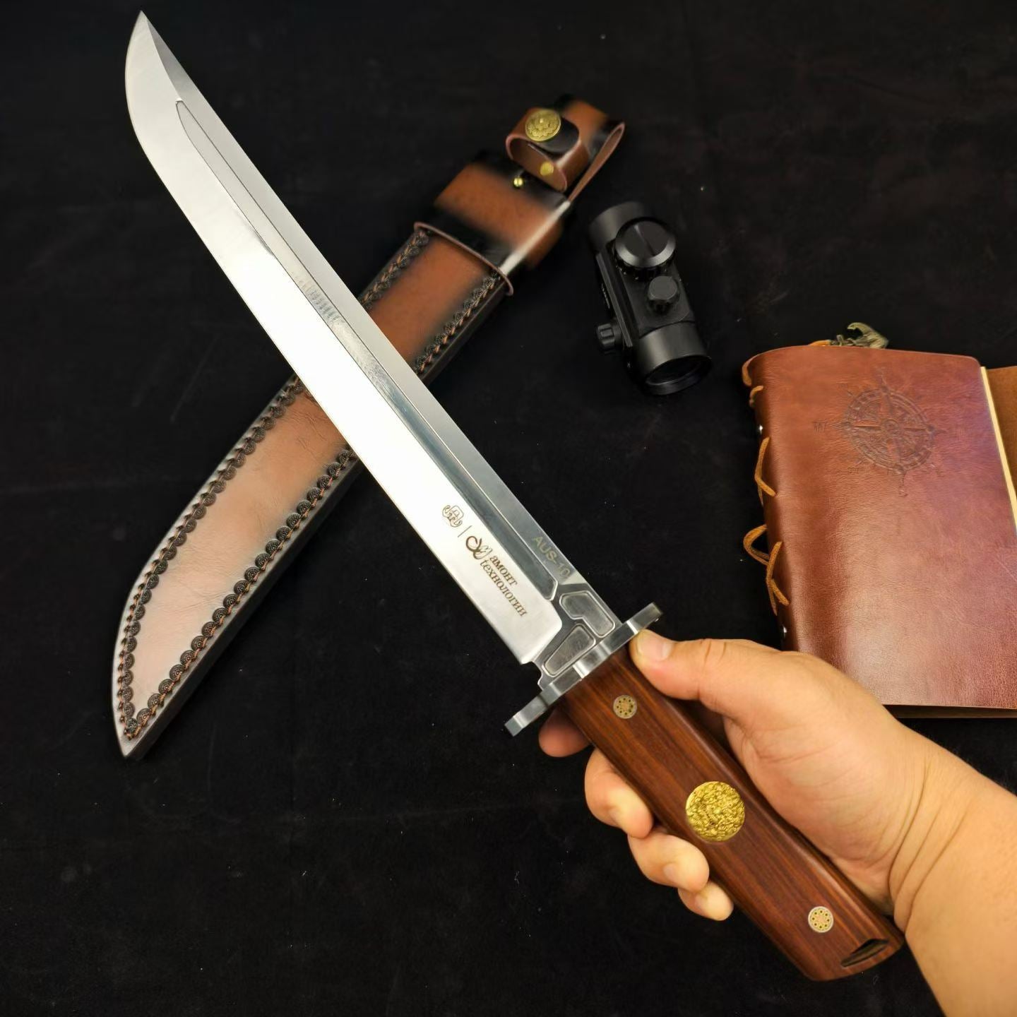 19'' New Fix Knife AUS-10 Stell Blade Sandalwood Handle Camping  Hunting Knife