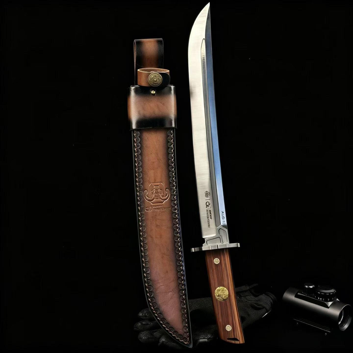 19'' New Fix Knife AUS-10 Stell Blade Sandalwood Handle Camping  Hunting Knife