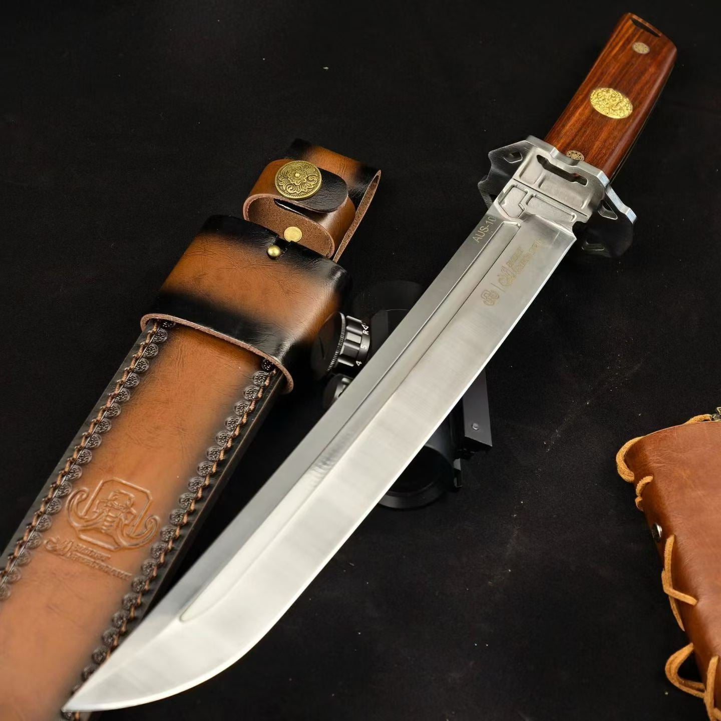 19'' New Fix Knife AUS-10 Stell Blade Sandalwood Handle Camping  Hunting Knife