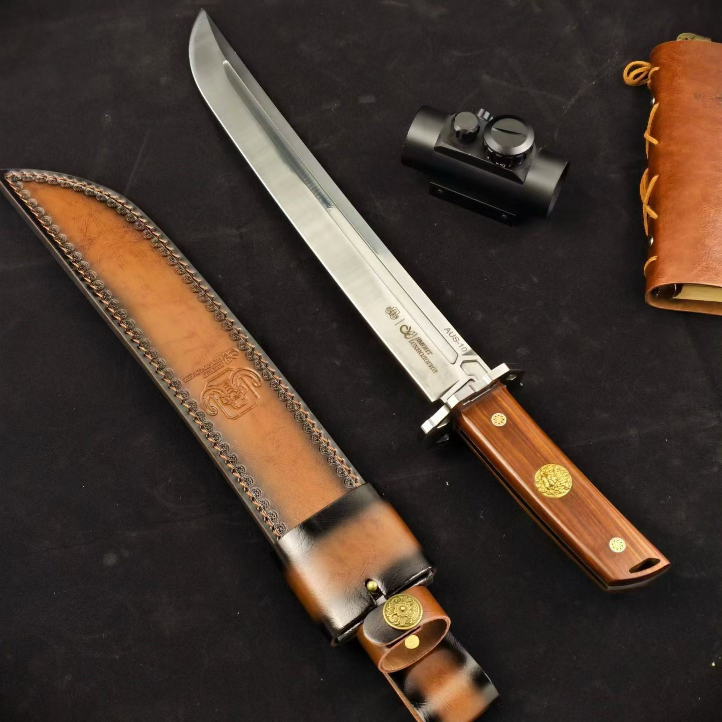 19'' New Fix Knife AUS-10 Stell Blade Sandalwood Handle Camping  Hunting Knife