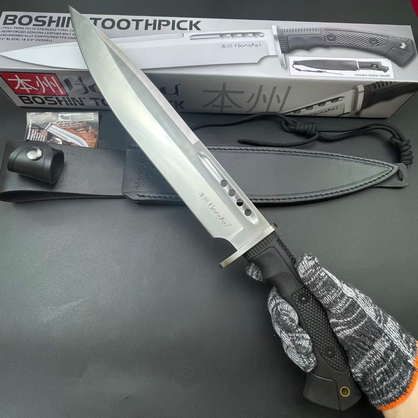 19'' New 7Cr13MoV High-Chrome Steel Blade TPR Handle Camping Tactics Hunting Knife UC3394