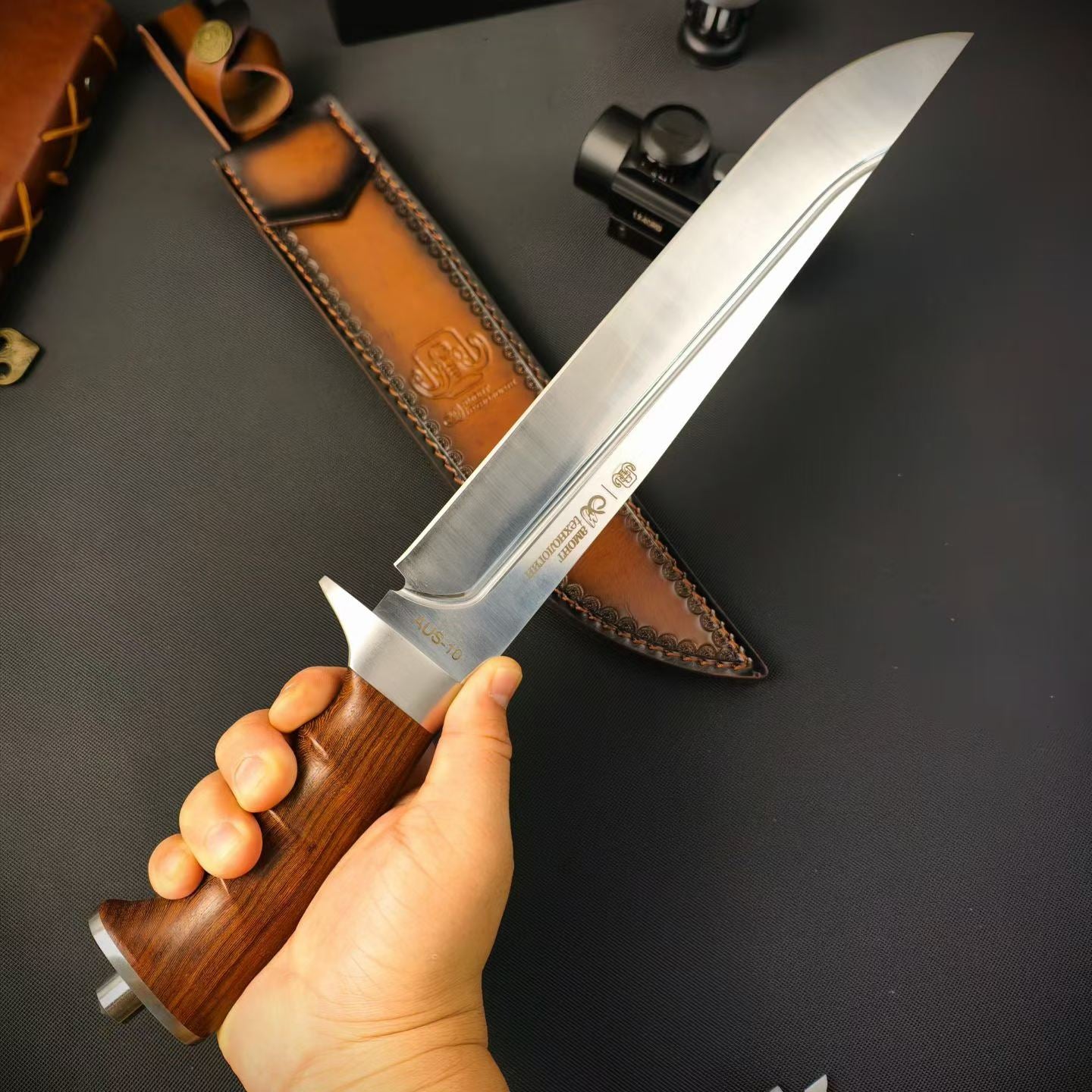17'' New AUS-10 Steel Blade Wood Handle Camping Tactics Hunting Knife