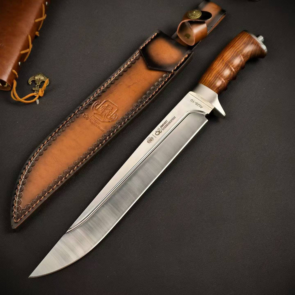 17'' New AUS-10 Steel Blade Wood Handle Camping Tactics Hunting Knife