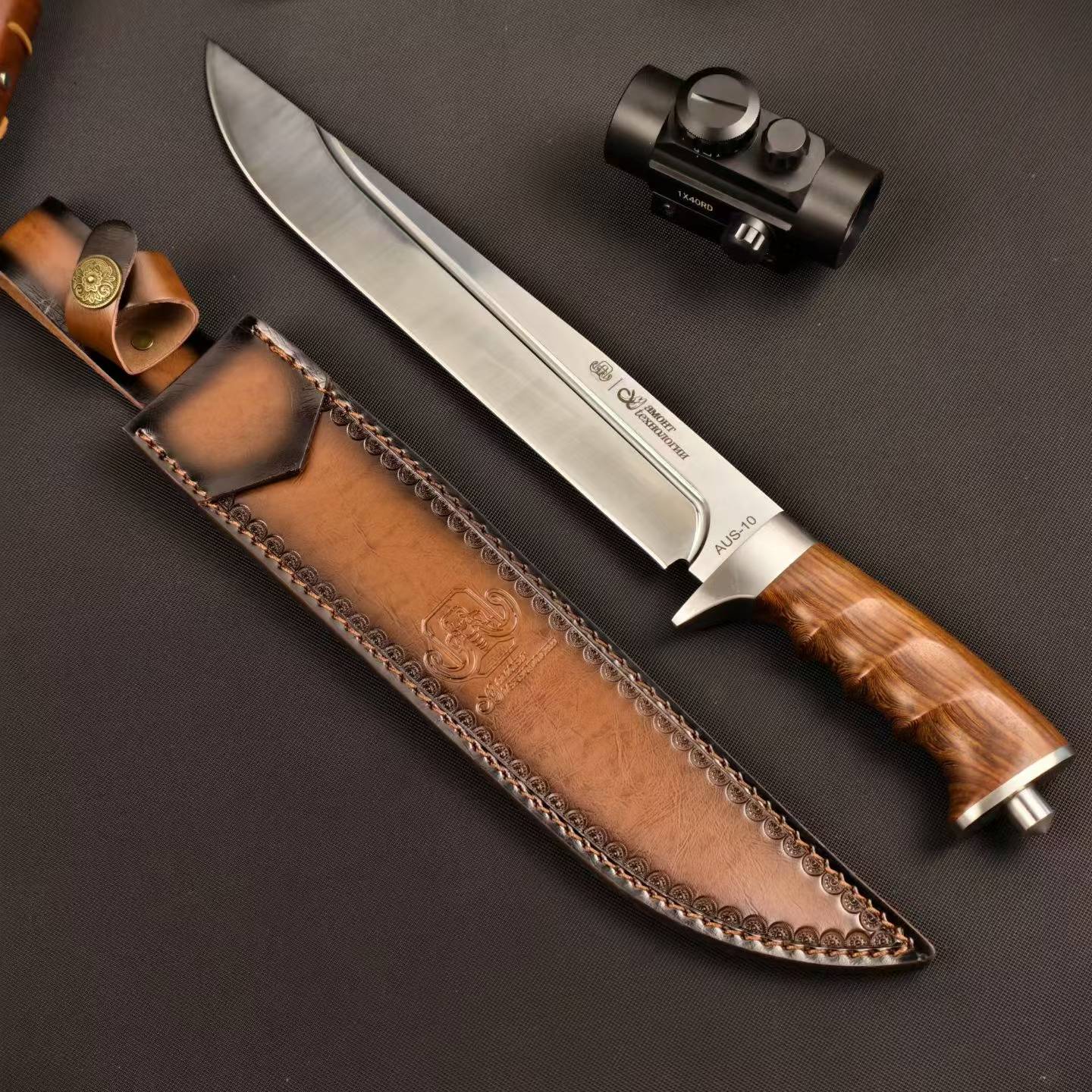 17'' New AUS-10 Steel Blade Wood Handle Camping Tactics Hunting Knife