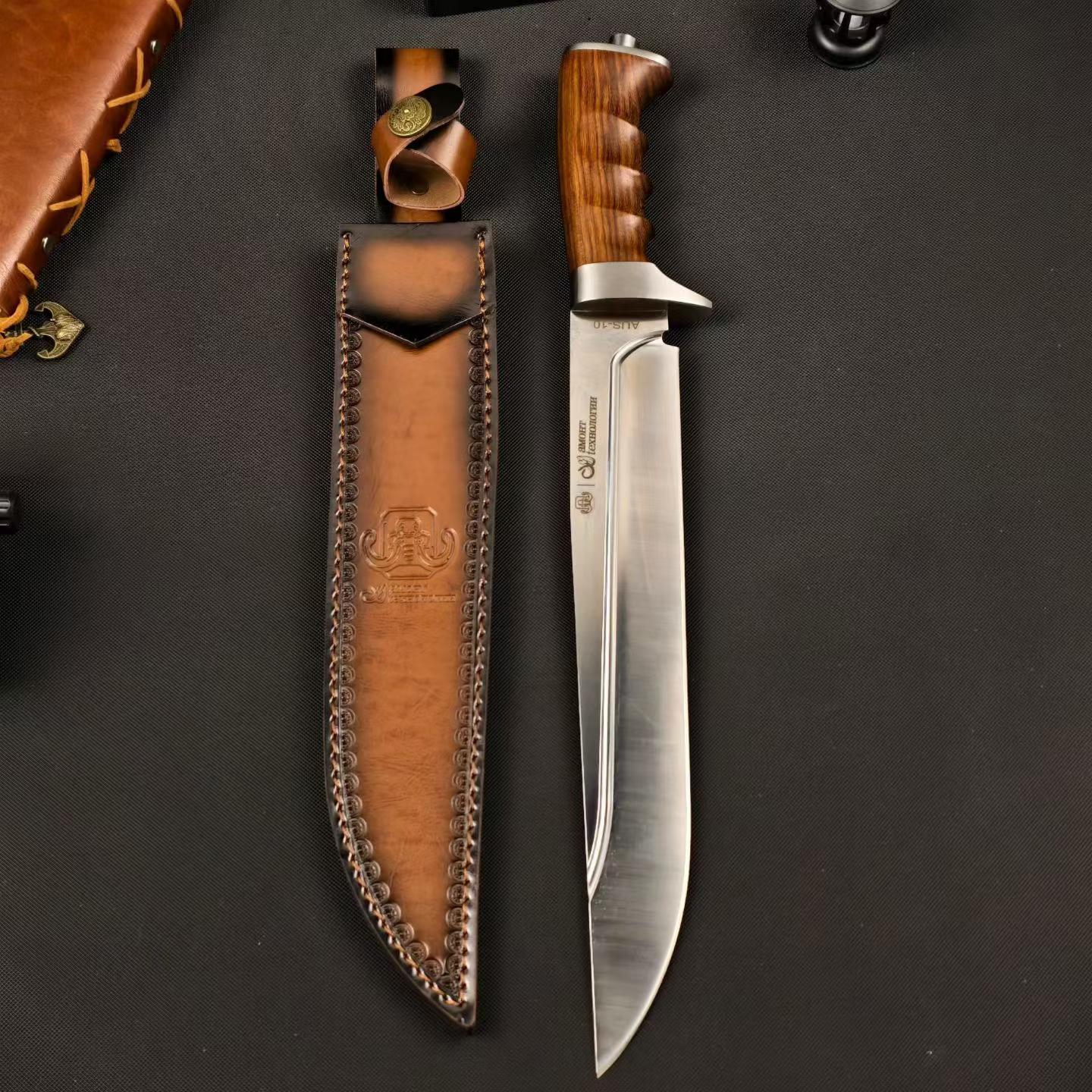 17'' New AUS-10 Steel Blade Wood Handle Camping Tactics Hunting Knife