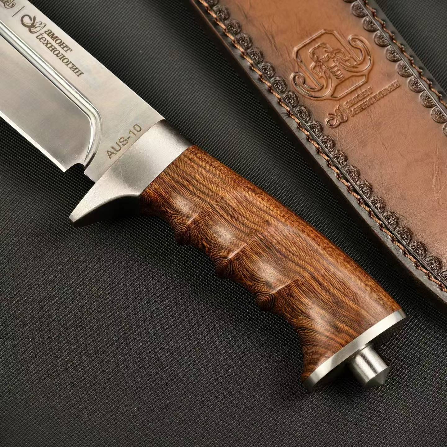 17'' New AUS-10 Steel Blade Wood Handle Camping Tactics Hunting Knife