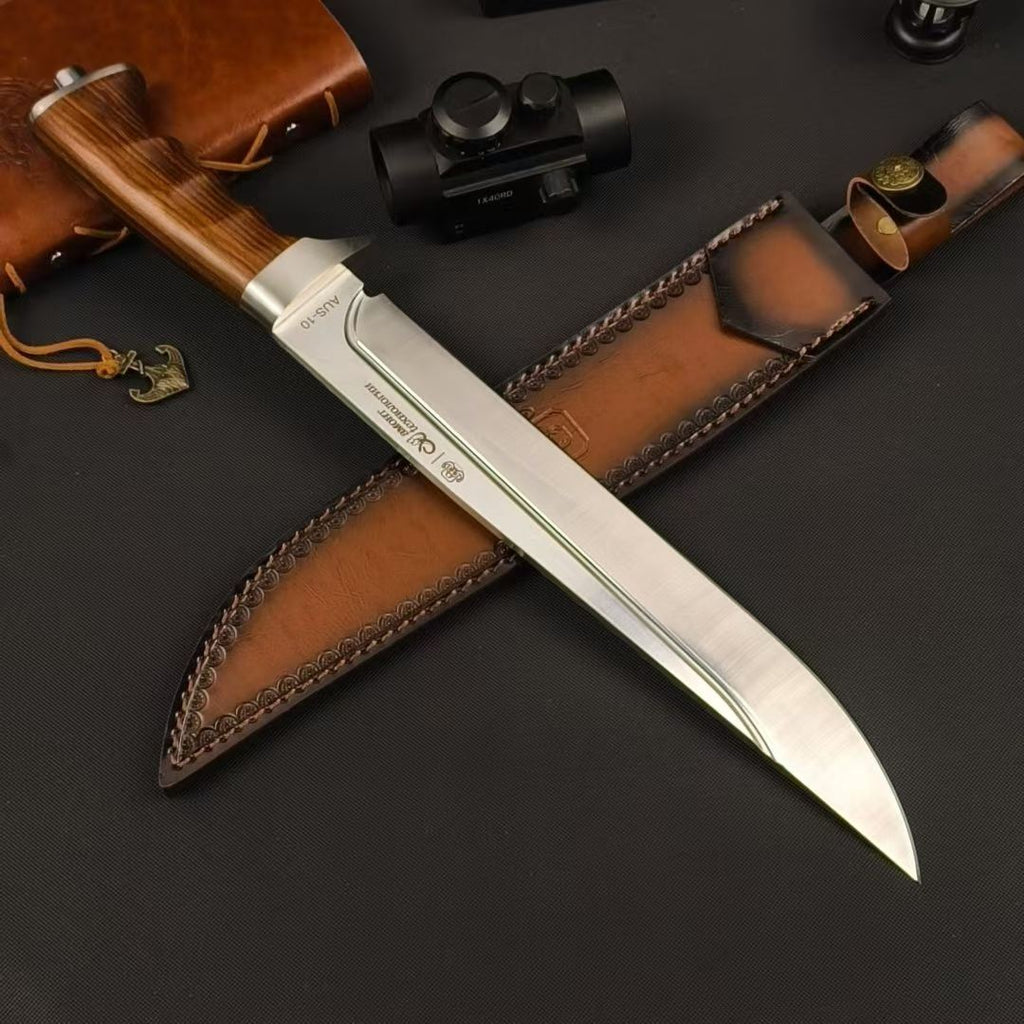 17'' New AUS-10 Steel Blade Wood Handle Camping Tactics Hunting Knife