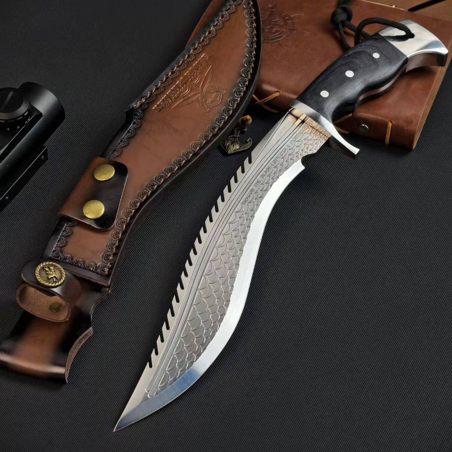 14'' New AUS-10 Steel Blade Ebony Handle Camping Tactics Hunting Knife