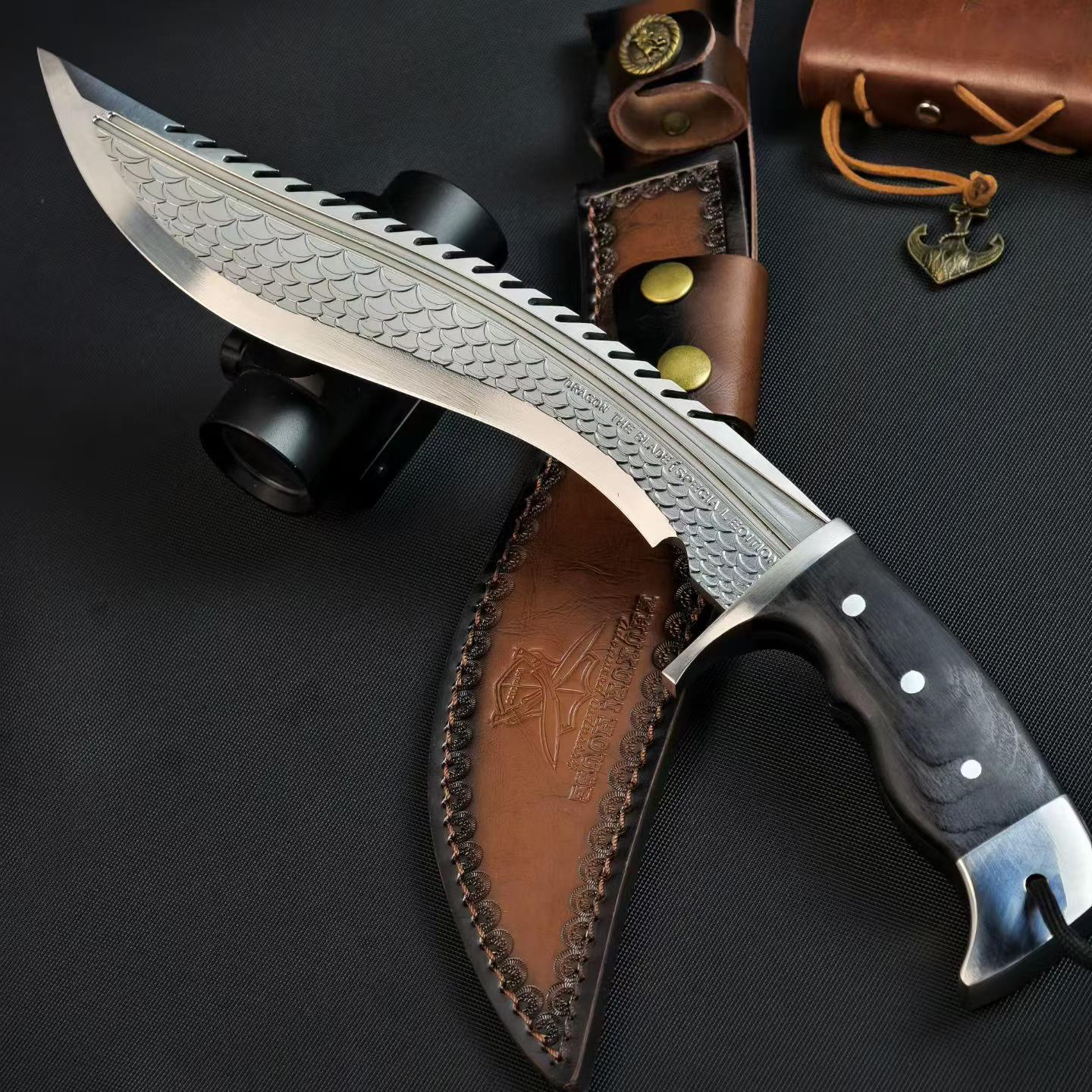 14'' New AUS-10 Steel Blade Ebony Handle Camping Tactics Hunting Knife