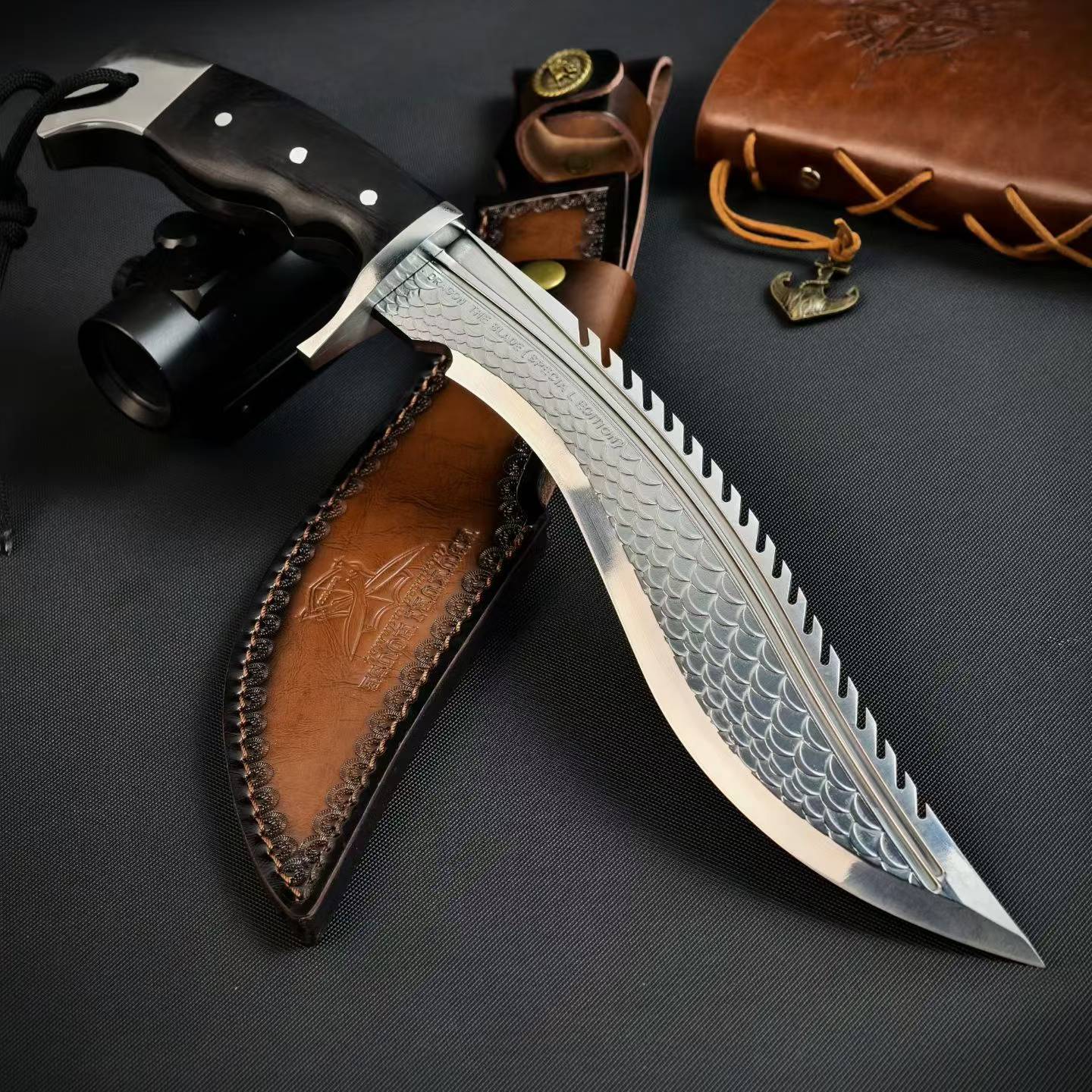 14'' New AUS-10 Steel Blade Ebony Handle Camping Tactics Hunting Knife