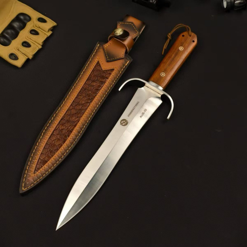 AUS-10 Bowie Knife – 28.6cm Double-Edge Blade | Red Sandalwood Handle & Leather Sheath