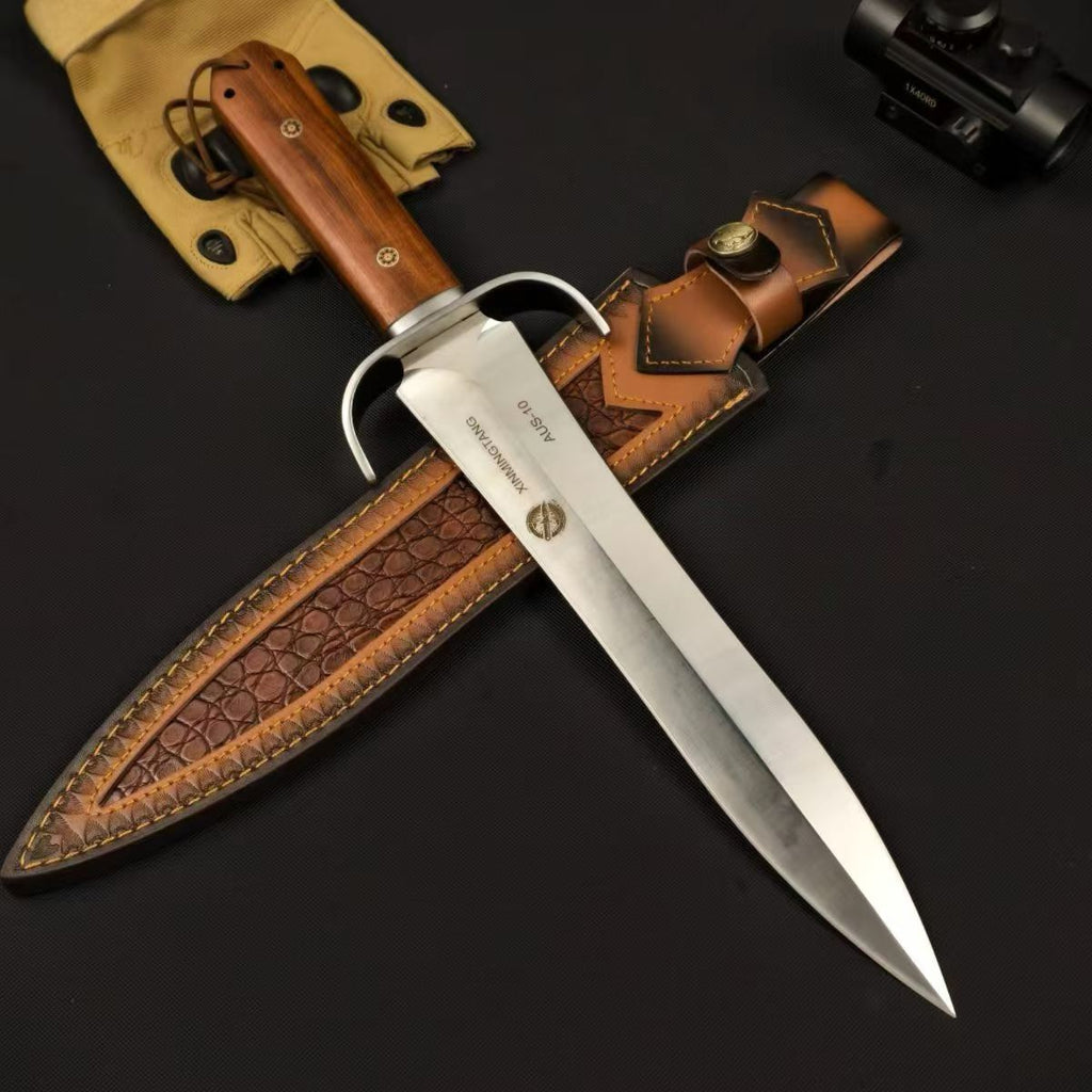 AUS-10 Bowie Knife – 28.6cm Double-Edge Blade | Red Sandalwood Handle & Leather Sheath