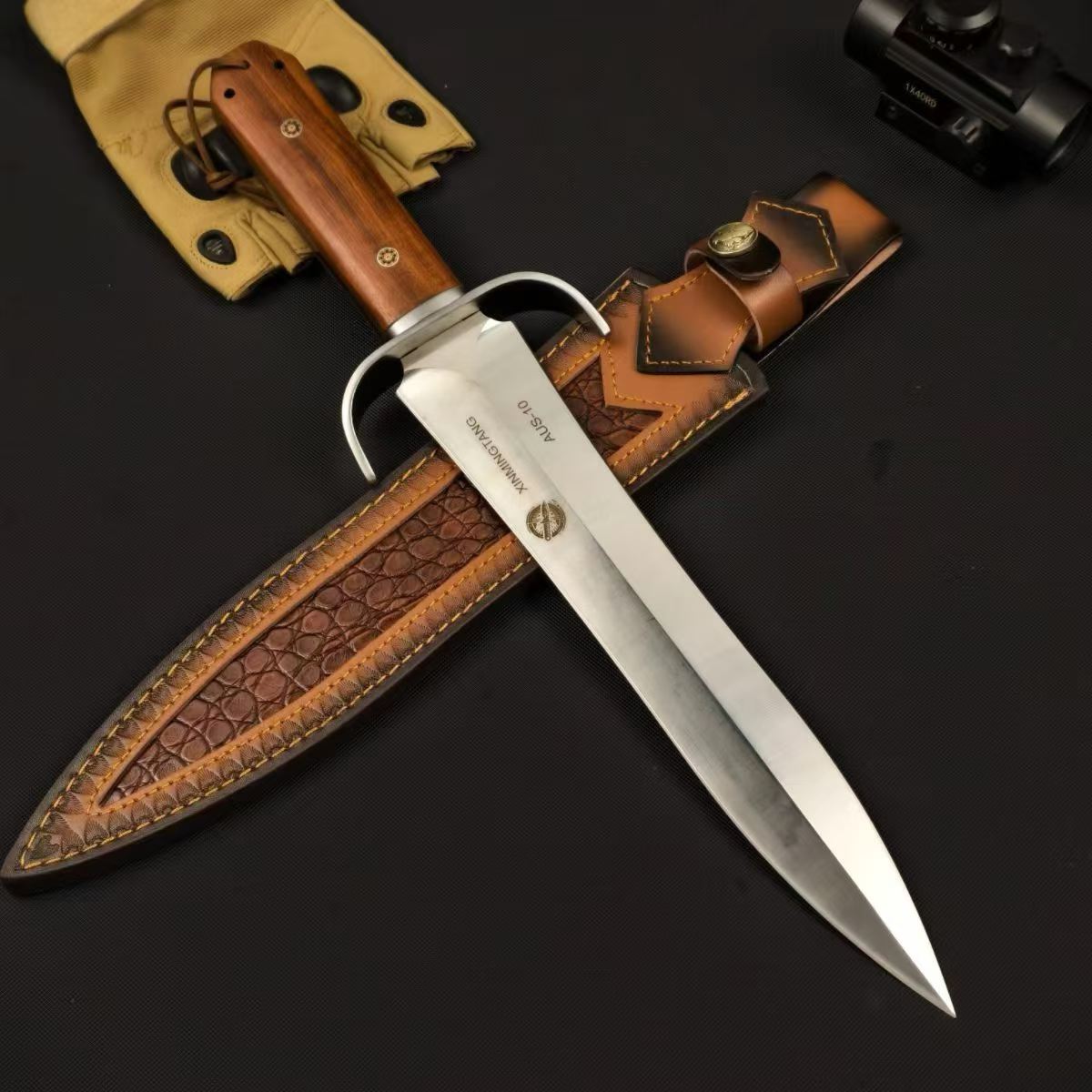 AUS-10 Bowie Knife – 28.6cm Double-Edge Blade | Red Sandalwood Handle & Leather Sheath