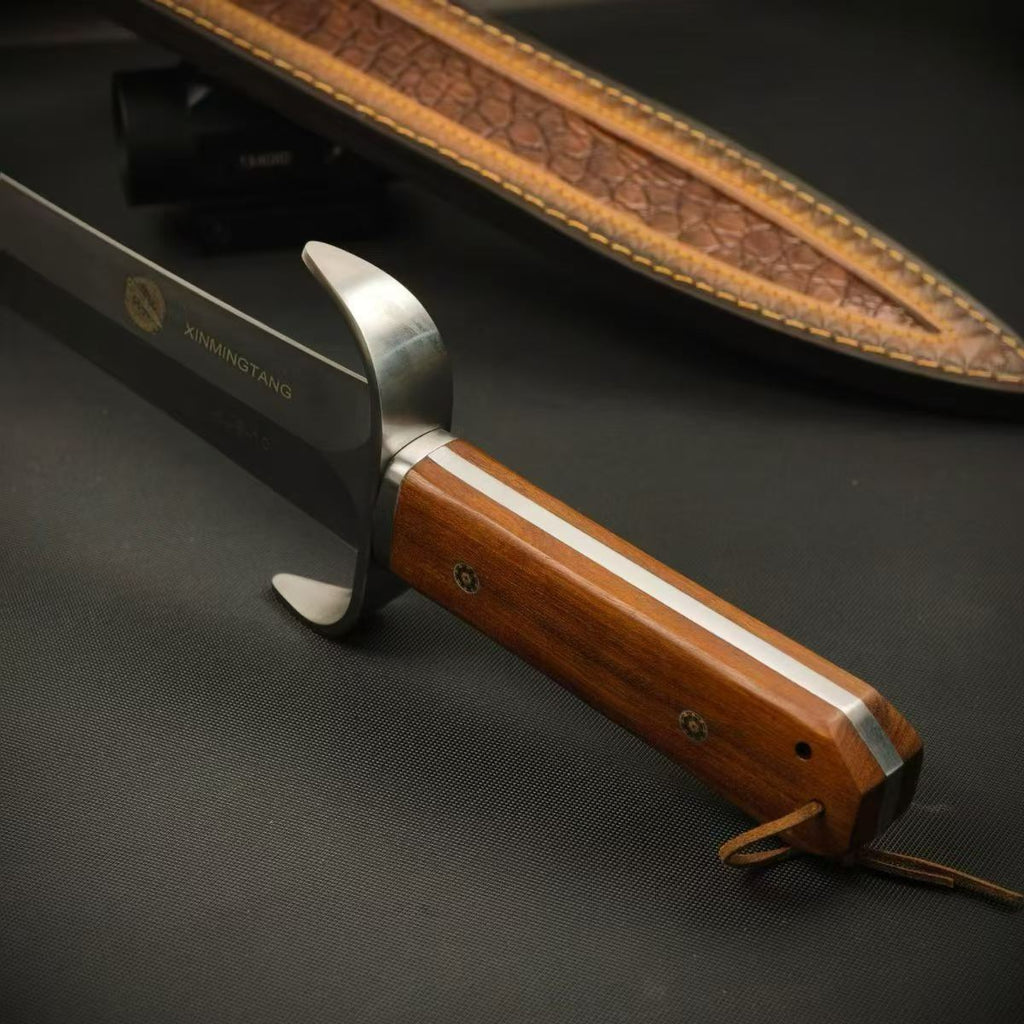 AUS-10 Bowie Knife – 28.6cm Double-Edge Blade | Red Sandalwood Handle & Leather Sheath