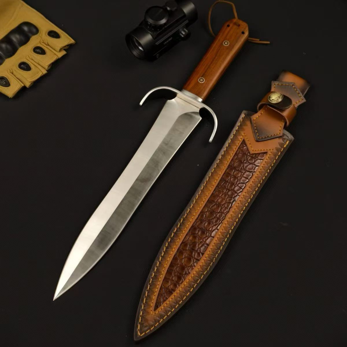 AUS-10 Bowie Knife – 28.6cm Double-Edge Blade | Red Sandalwood Handle & Leather Sheath