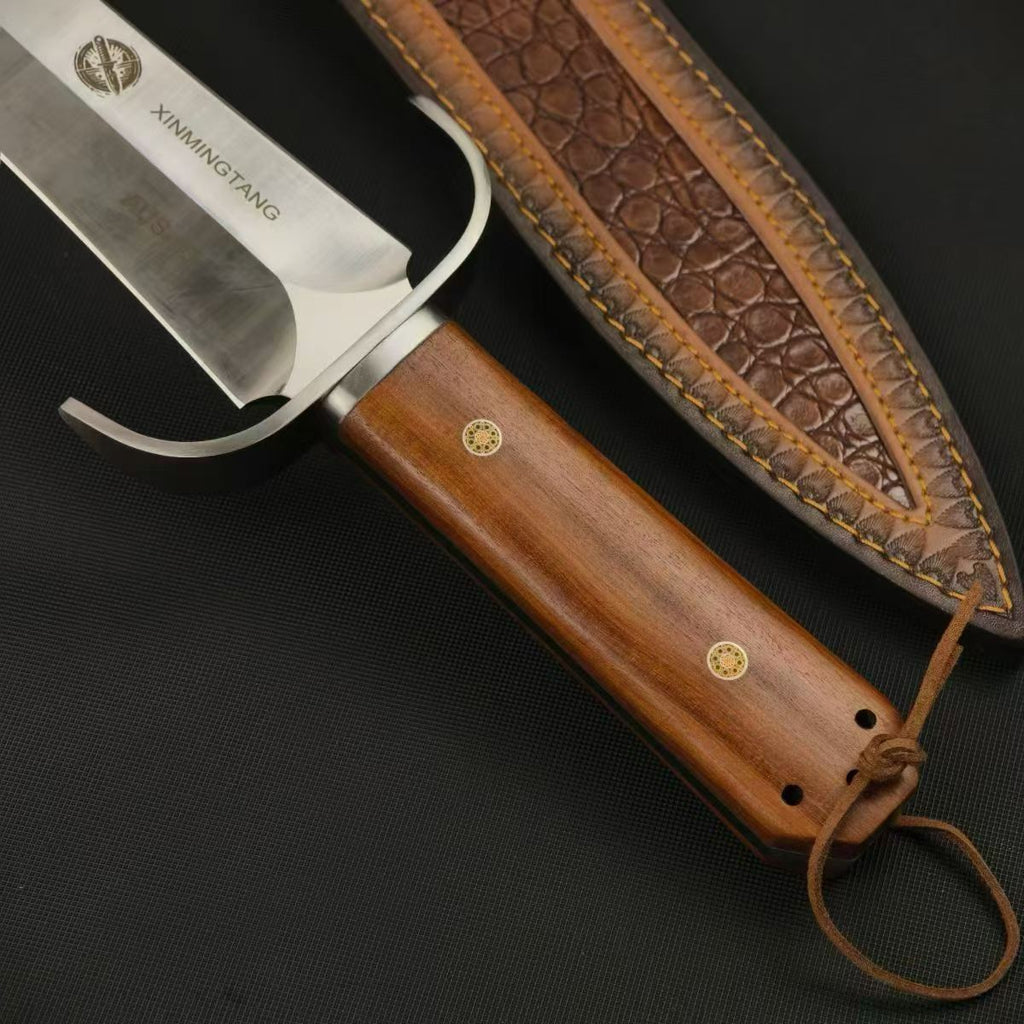 AUS-10 Bowie Knife – 28.6cm Double-Edge Blade | Red Sandalwood Handle & Leather Sheath