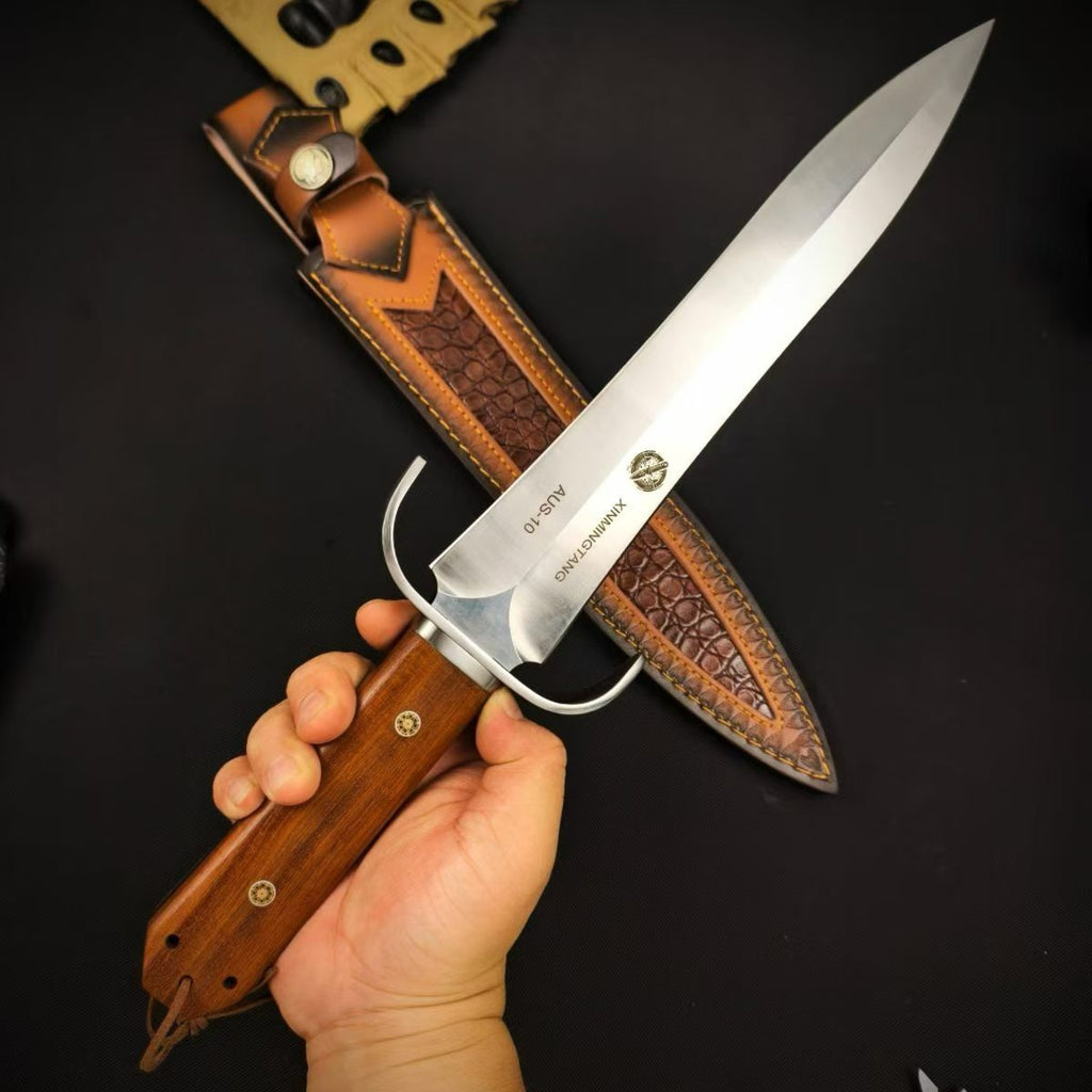 AUS-10 Bowie Knife – 28.6cm Double-Edge Blade | Red Sandalwood Handle & Leather Sheath