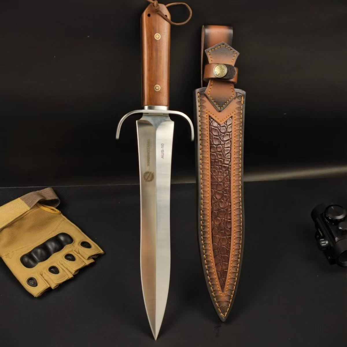 AUS-10 Bowie Knife – 28.6cm Double-Edge Blade | Red Sandalwood Handle & Leather Sheath