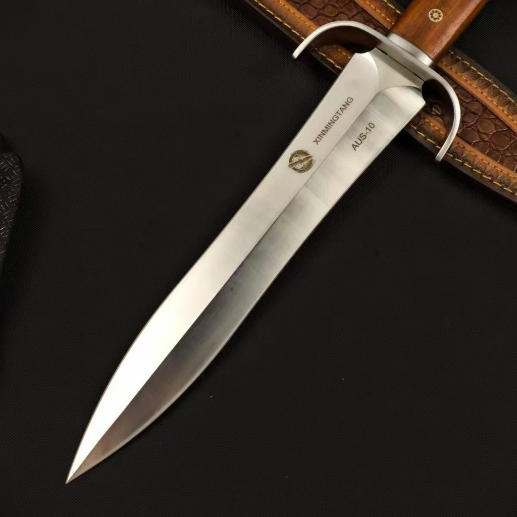AUS-10 Bowie Knife – 28.6cm Double-Edge Blade | Red Sandalwood Handle & Leather Sheath