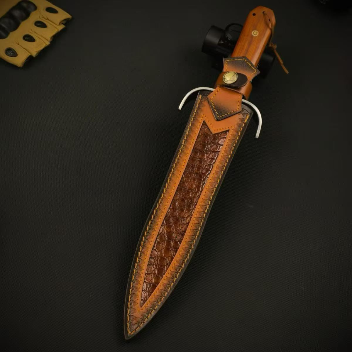 AUS-10 Bowie Knife – 28.6cm Double-Edge Blade | Red Sandalwood Handle & Leather Sheath