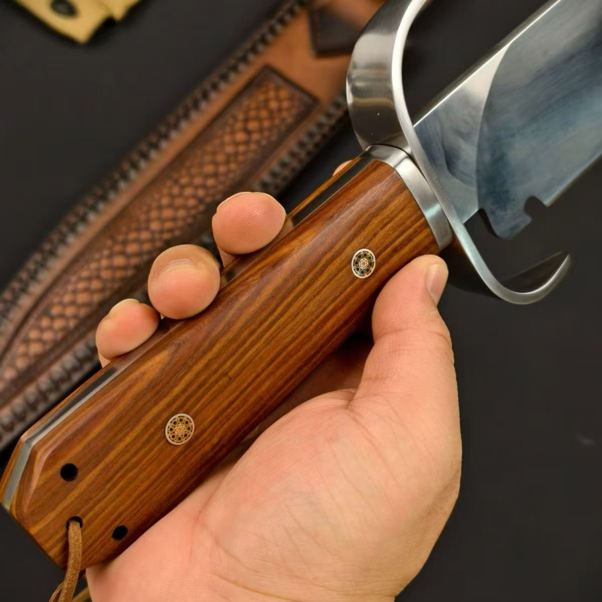 AUS-8 Red Sandalwood Fixed Blade Knife – 32cm Blade | Leather Sheath