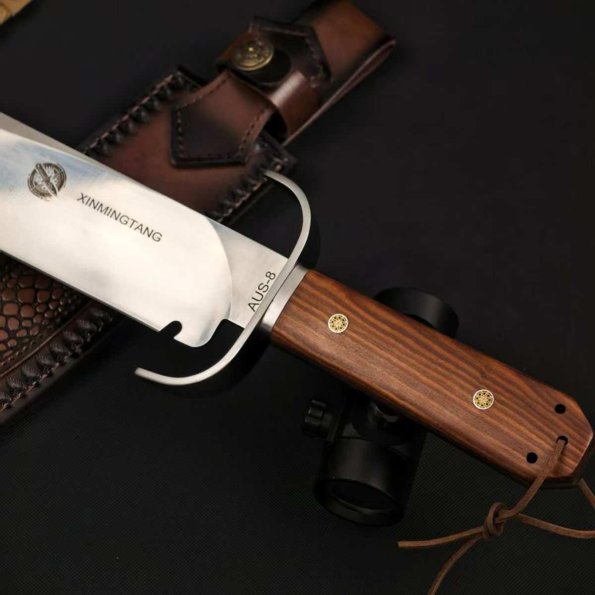 AUS-8 Red Sandalwood Fixed Blade Knife – 32cm Blade | Leather Sheath