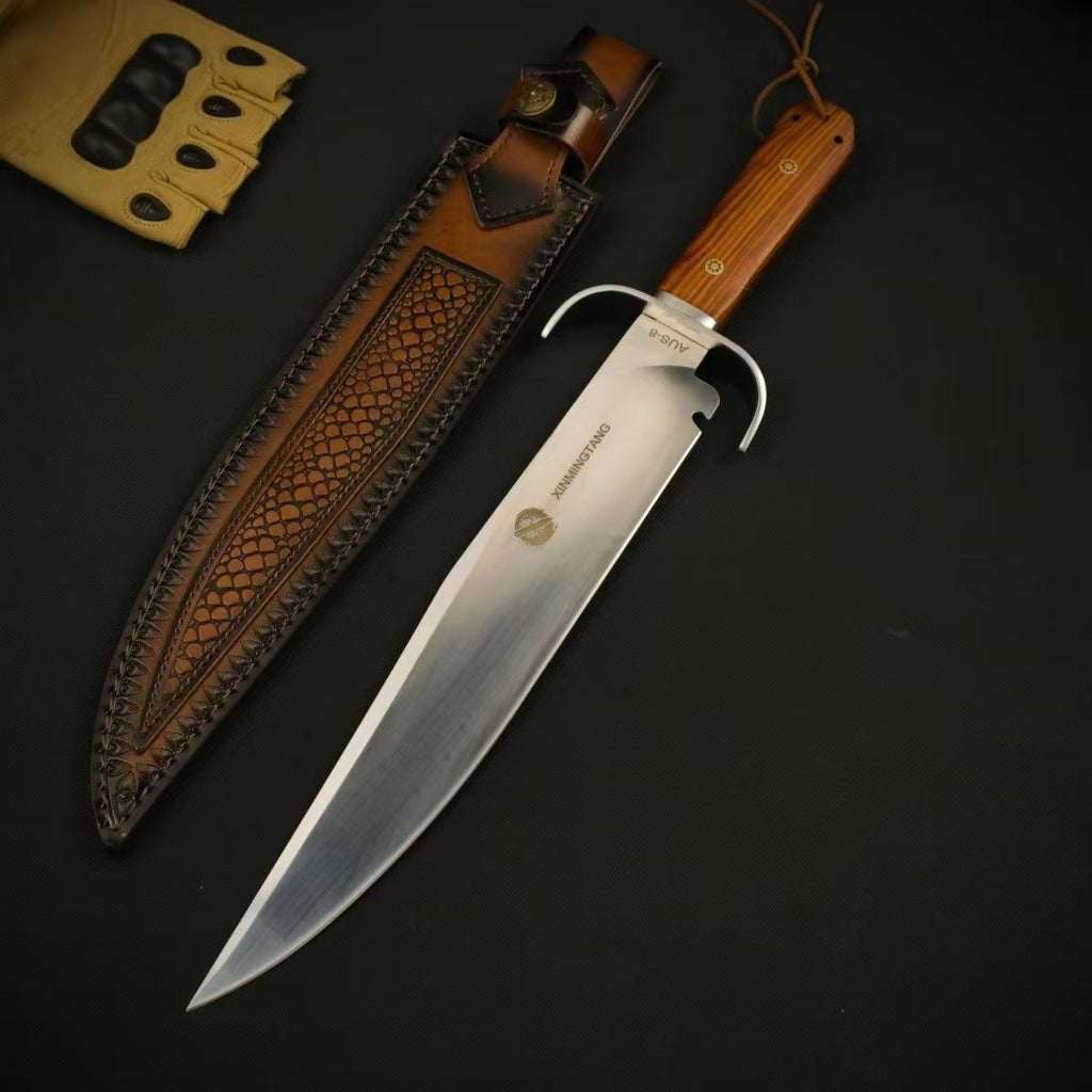 AUS-8 Red Sandalwood Fixed Blade Knife – 32cm Blade | Leather Sheath