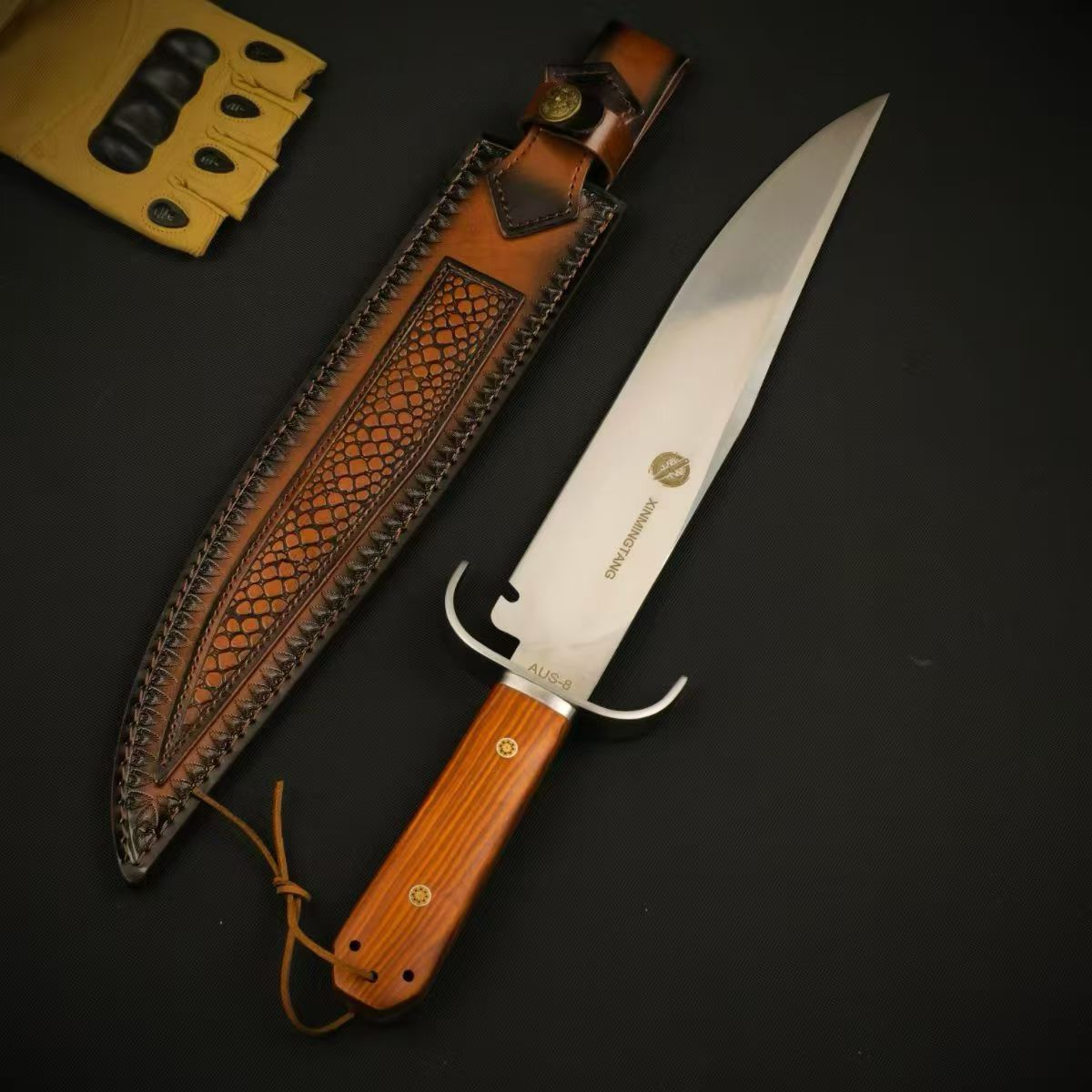 AUS-8 Red Sandalwood Fixed Blade Knife – 32cm Blade | Leather Sheath