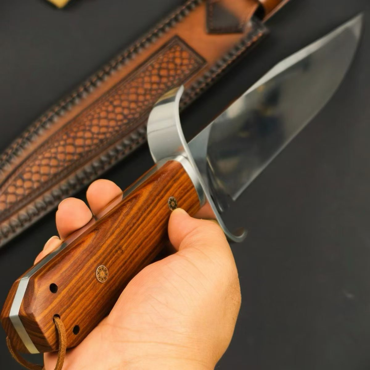AUS-8 Red Sandalwood Fixed Blade Knife – 32cm Blade | Leather Sheath