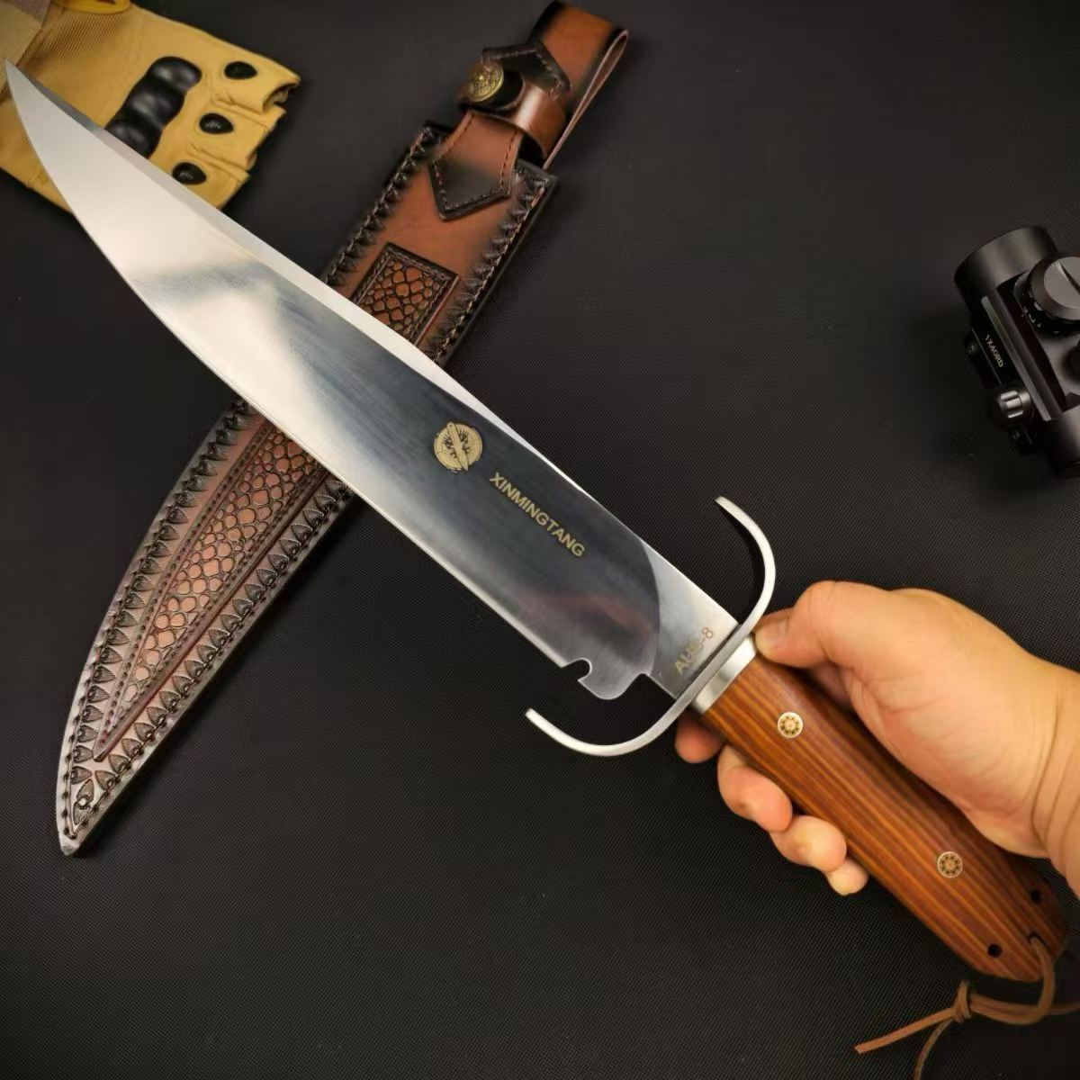 AUS-8 Red Sandalwood Fixed Blade Knife – 32cm Blade | Leather Sheath