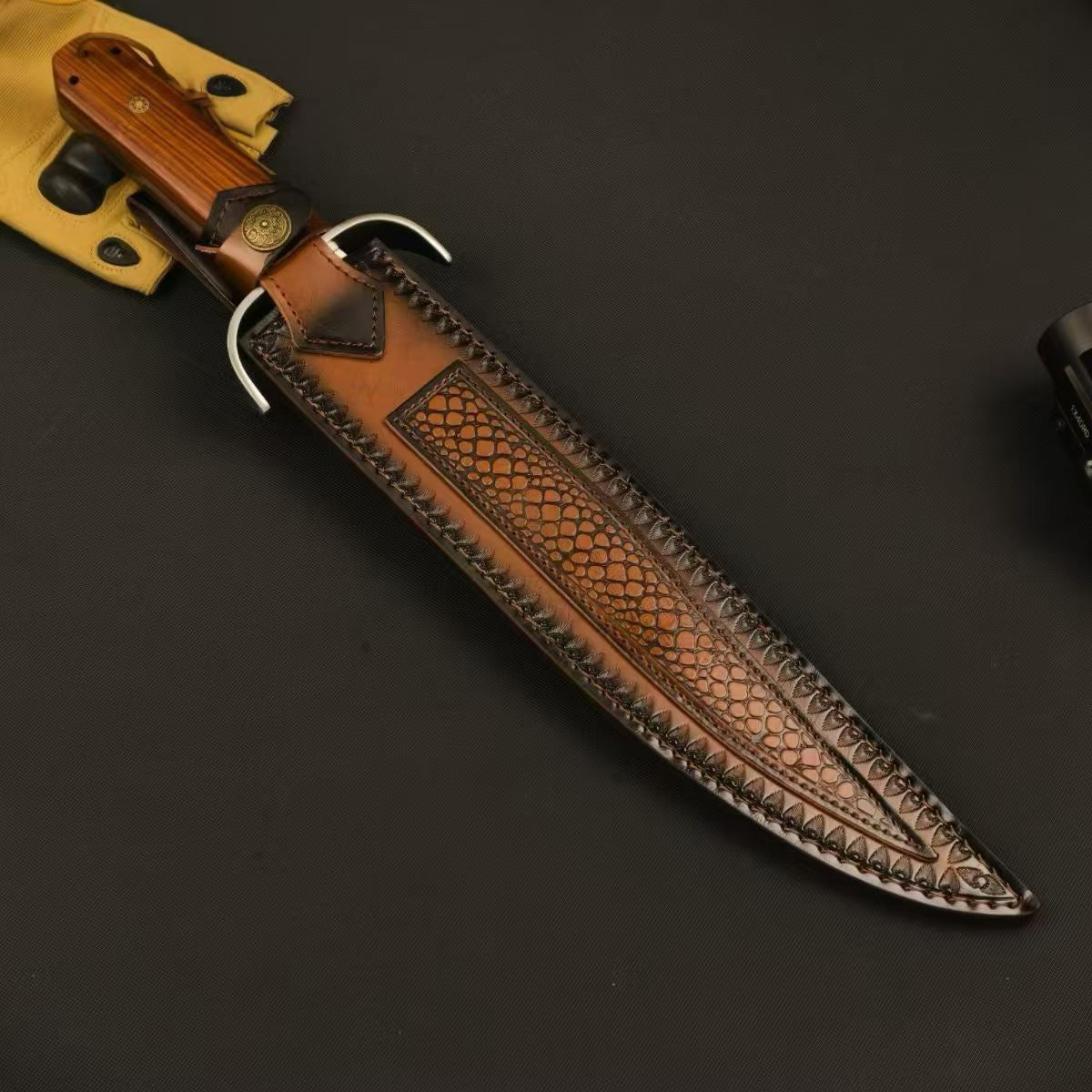 AUS-8 Red Sandalwood Fixed Blade Knife – 32cm Blade | Leather Sheath