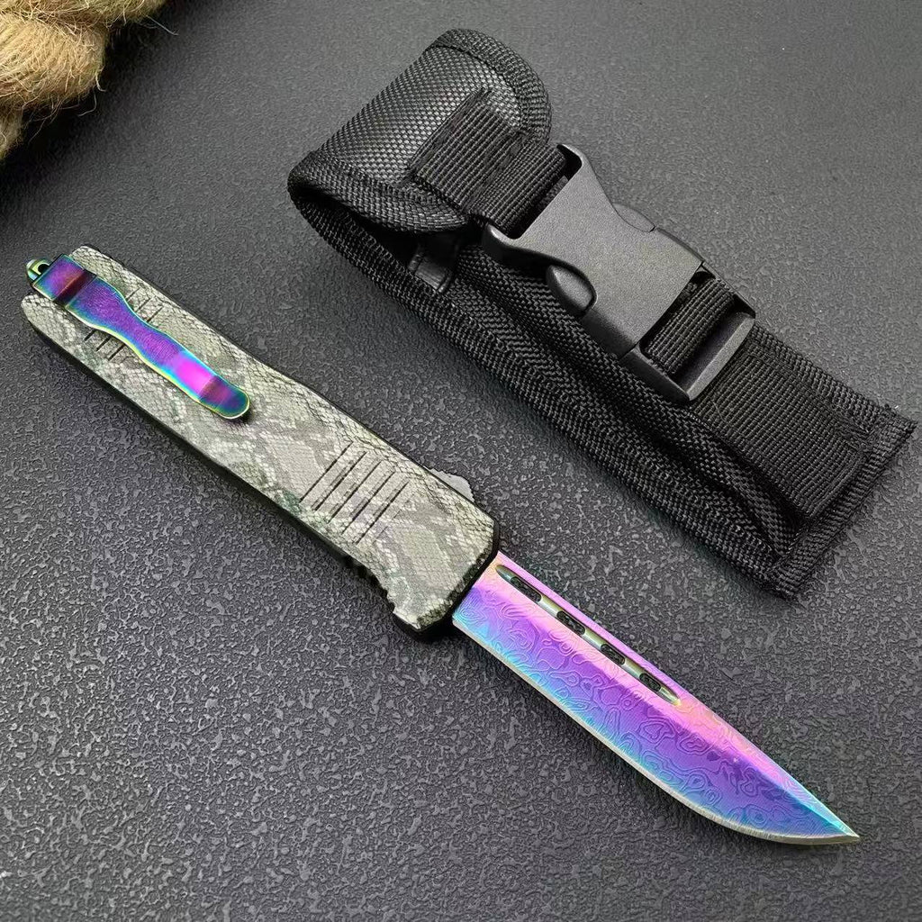 Rainbow Troodon Knife – 440 Steel | Zinc Alloy Snake-Pattern Handle | Nylon Sheath