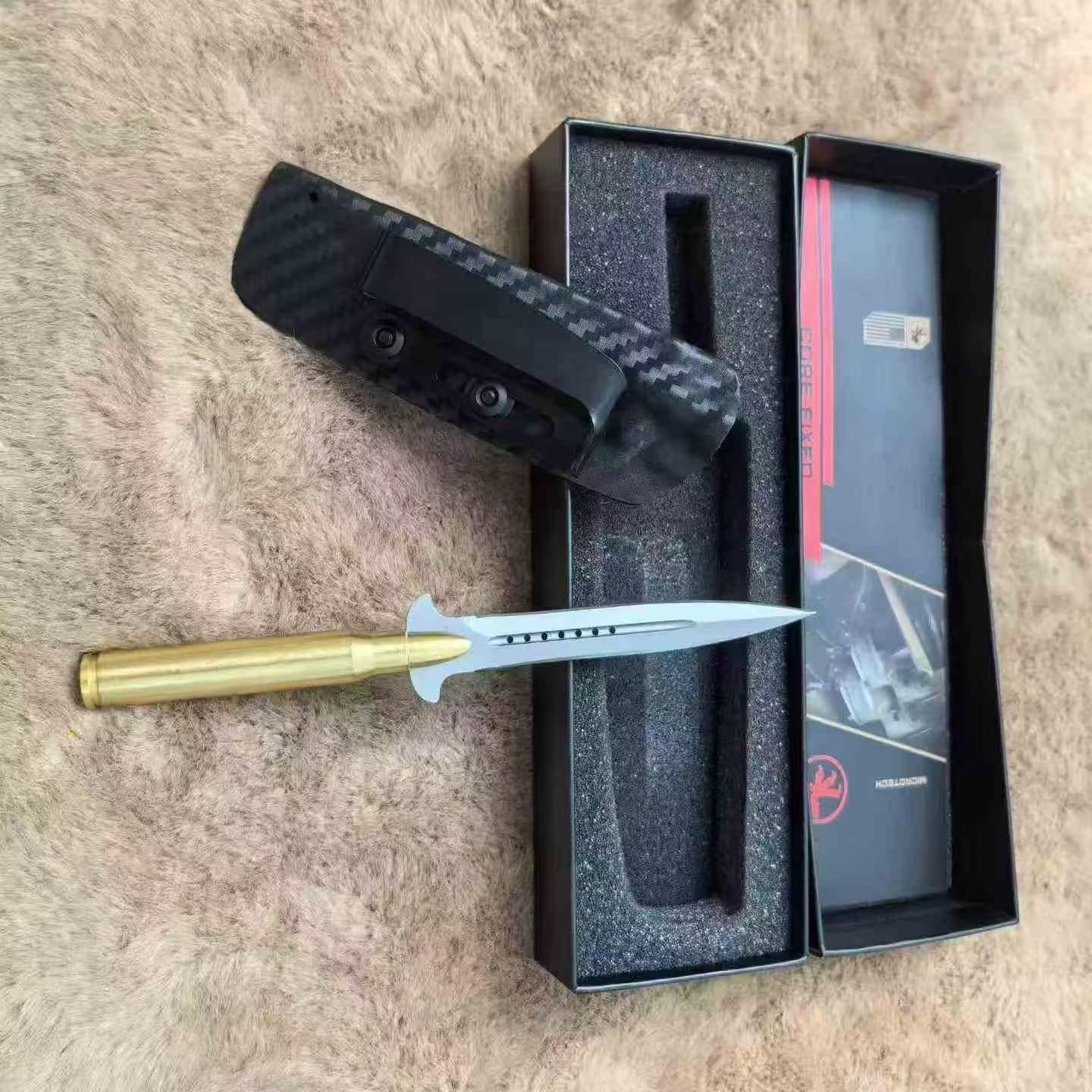 14C28N Fixed Blade Tool | Brass Bullet Handle | Carbon Fiber Kydex Sheath