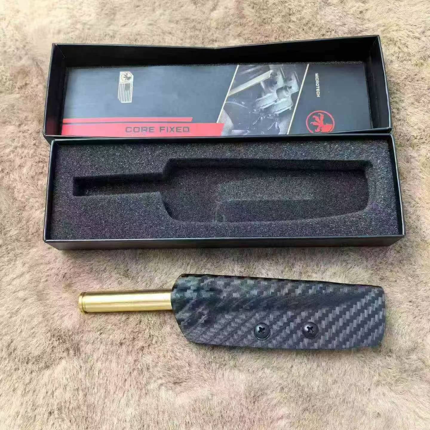 14C28N Fixed Blade Tool | Brass Bullet Handle | Carbon Fiber Kydex Sheath