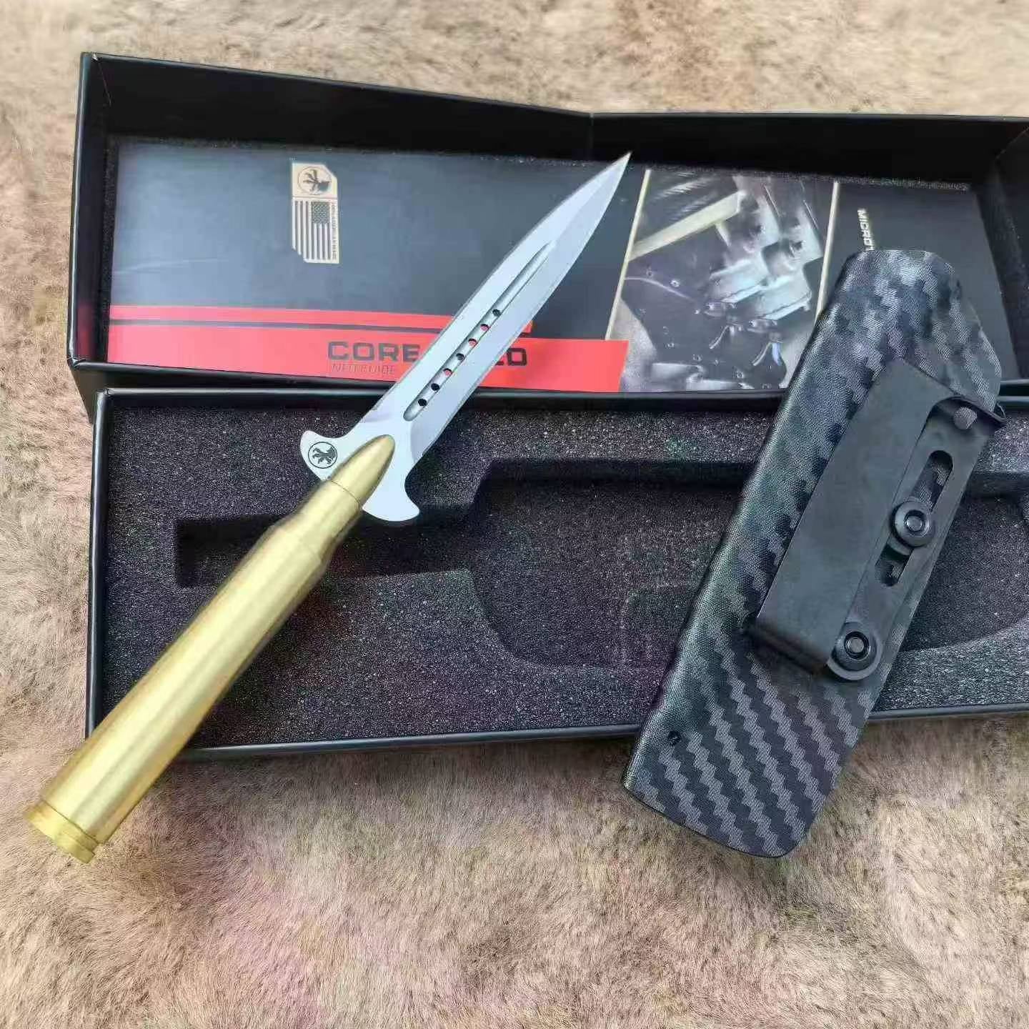 14C28N Fixed Blade Tool | Brass Bullet Handle | Carbon Fiber Kydex Sheath