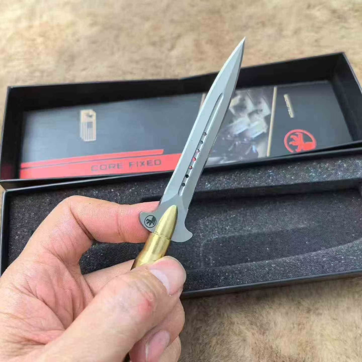 14C28N Fixed Blade Tool | Brass Bullet Handle | Carbon Fiber Kydex Sheath
