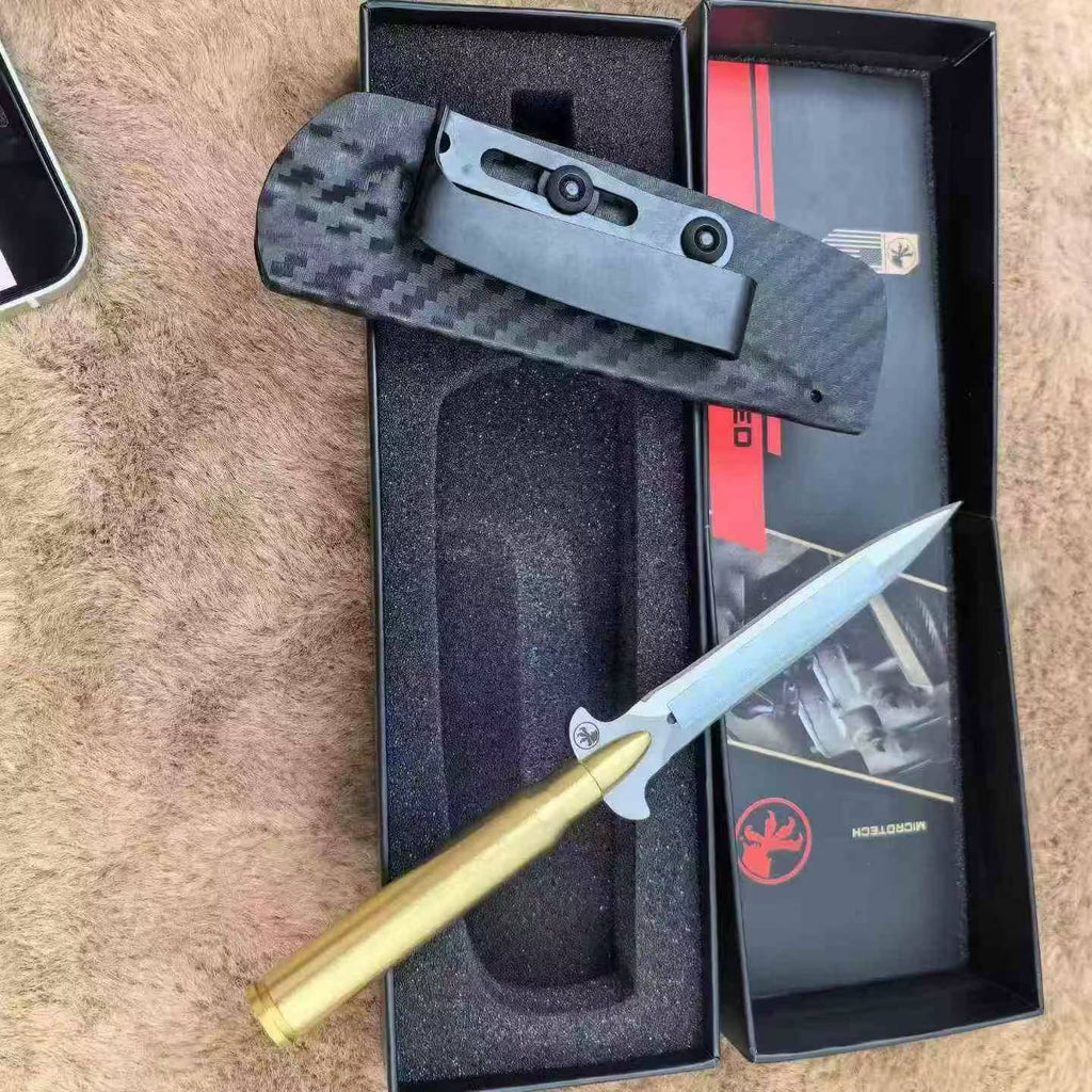 14C28N Fixed Blade Tool | Brass Bullet Handle | Carbon Fiber Kydex Sheath