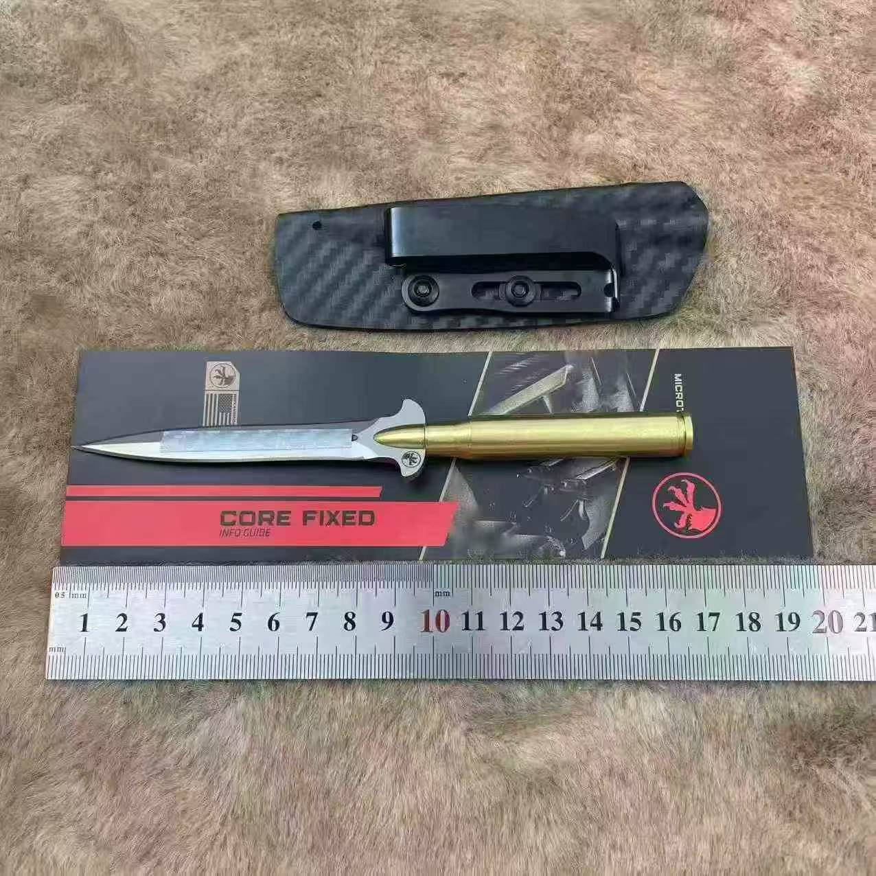 14C28N Fixed Blade Tool | Brass Bullet Handle | Carbon Fiber Kydex Sheath